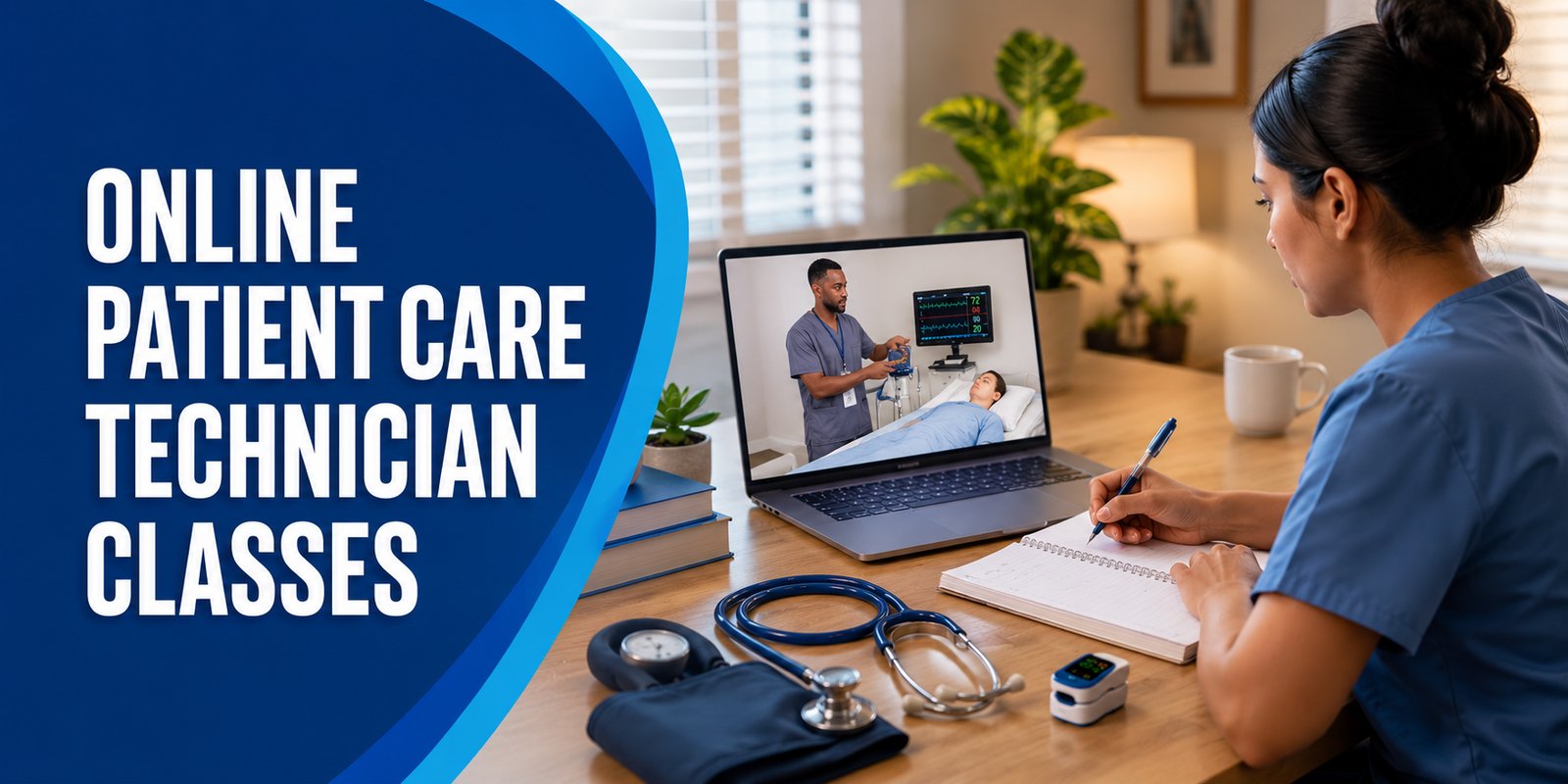 Taking notes beside a stethoscope and blood pressure cuff, a student in blue scrubs watches a laptop showing a patient care technician checking a patient's vitals, with the text Online Patient Care Technician Classes.